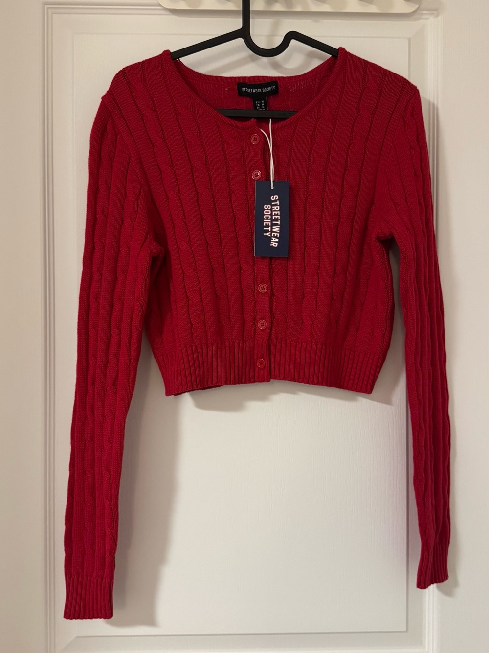 Streetwear Society Red Cable-Knit Cropped Cardigan Sweater